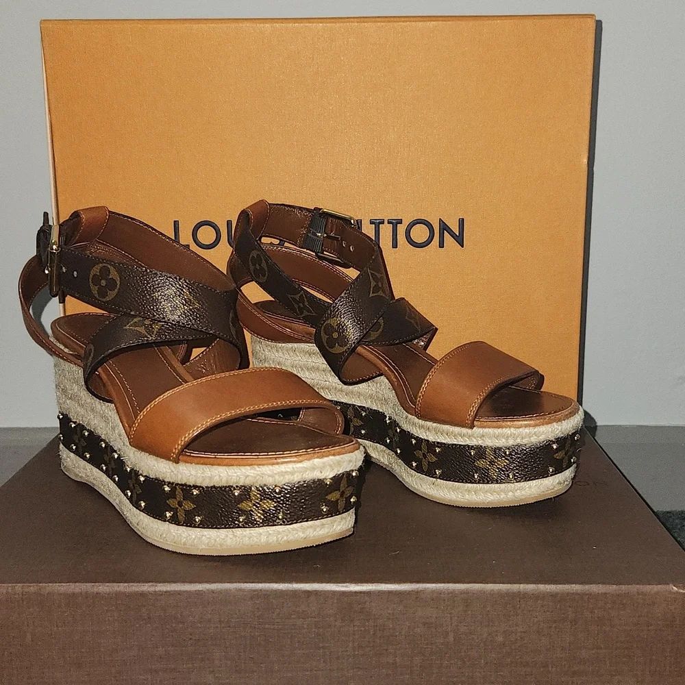 Louis Vuitton Brown Monogram Leather Platform Espadrille Sandals